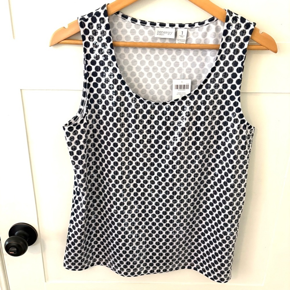 Chicos Zenergy Donna Dot Sequin Navy Tank. Size Medium/ Chicos 1.
